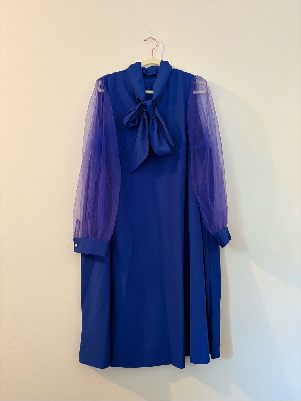 Cobalt Blue Bow Neck Dress with Sheer Puff Sleeves